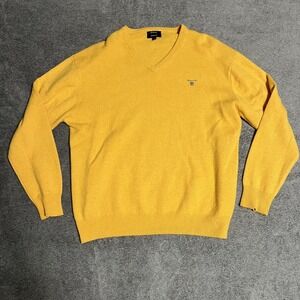 Gant Lambswool Jumper Mens 2XL Yellow Long Sleeve Regular V Neck Sweater
